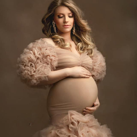 Floral Ruffled Bridal Maternity Dresses Sexy Slit Puffy Sleeve Elastic Custom Made Women Mermaid Party Dresses Stretchy Gown