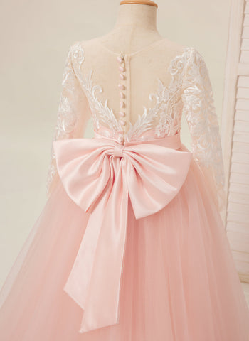 A-line Long Sleeves Lace Tulle Flower Girl Dresses Pink (2003227575)