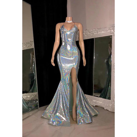 Vestido de fiesta largo con escote en V, tirantes finos, lentejuelas y abertura