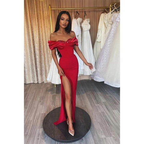 Vestidos de noche formales largos rojos con lentejuelas y escote en forma de corazón