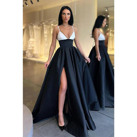 Vestido de fiesta largo con escote en V, tirantes finos y abertura alta con bolsillos