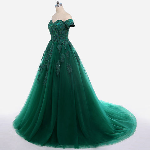 Vestido de gala corto con apliques de encaje verde oscuro, sexy, de manga corta, ideal para fiestas de graduación de 15 años, con cola de capilla, estilo dulce 16, modelo Y610