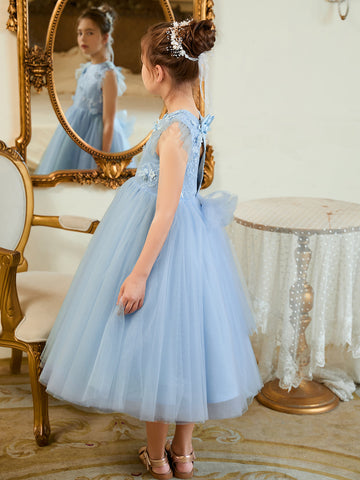 Ball-Gown/Princess Satin Tulle Tea-length Blue Dress (2003225970)