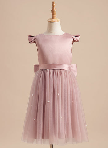 A-line Satin Tulle Knee-length Dusty Rose Dress (2003227179)