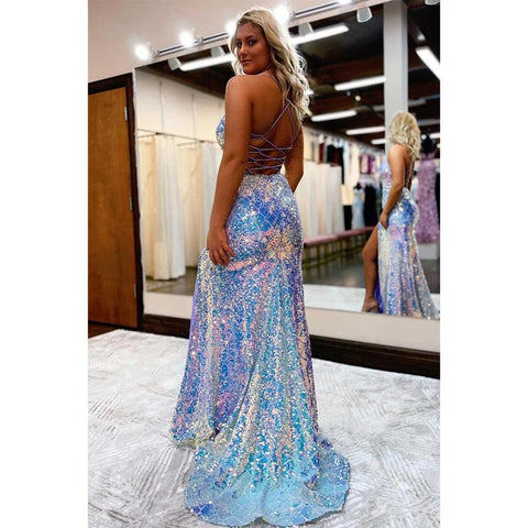 Vestido de fiesta con tirantes finos, cuentas y lentejuelas para mujer con abertura