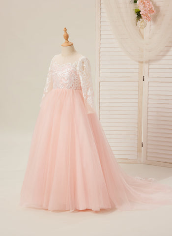 A-line Long Sleeves Lace Tulle Flower Girl Dresses Pink (2003227575)