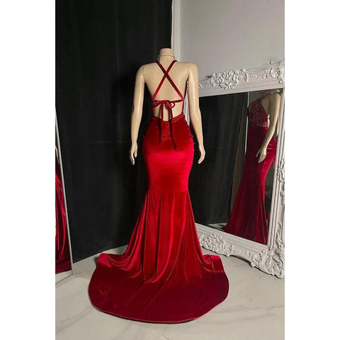 Vestido de fiesta sexy y atractivo con escote en V, sin mangas, tirantes cruzados, abertura de sirena y fruncido