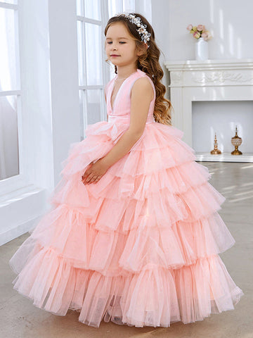 Ball-Gown/Princess Pearl Pink Sleeveless Tulle Bow Flower Girl Dress