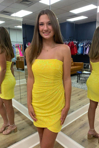 Vestido corto de lentejuelas amarillas sin tirantes "Brilla hasta el amanecer"