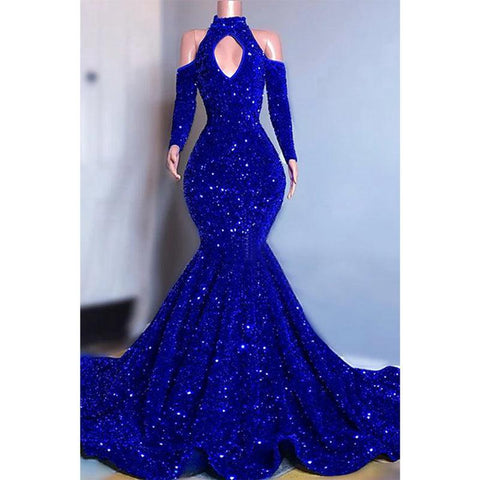 Robe de bal noire unique à col haut et manches longues, paillettes scintillantes, pour un look stylé 