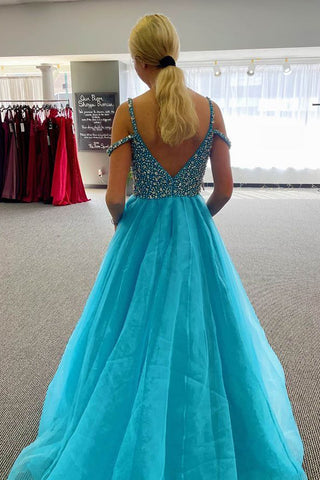 A Line Off the Shoulder Blue Long Prom Dress with Beading