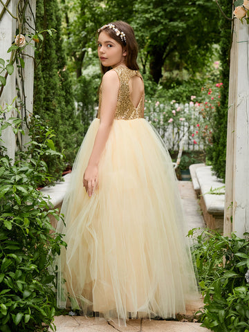 Ball-Gown/Princess Tulle Floor-length Champagne Flower Girl Dress