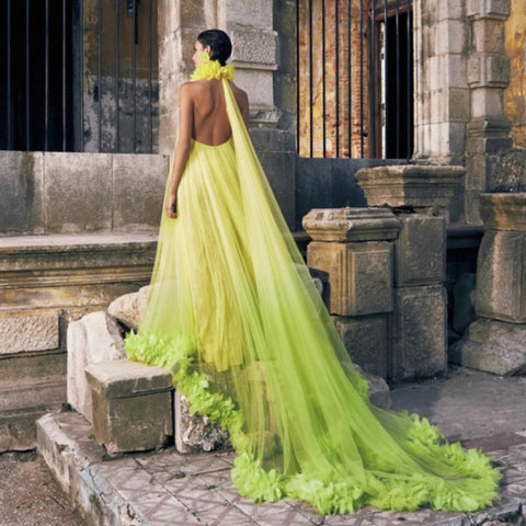 Hanging neck large open-back dress tulle robe maternity dress prom dress bride morning robe private dress