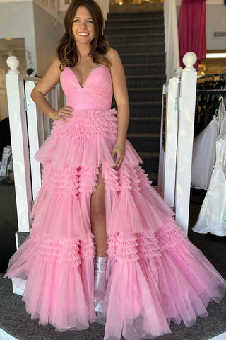 Tulle Tiered Spaghetti Straps Long Prom Dress with Slit