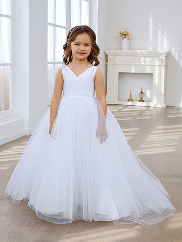 Classic White A-line Sleeveless Satin and Tulle Flower Girl Dress