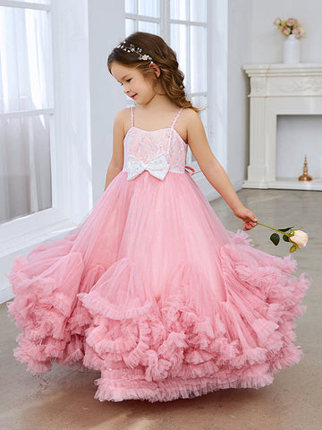 A-line Tulle Floor-length Pink Flower Girl Dress