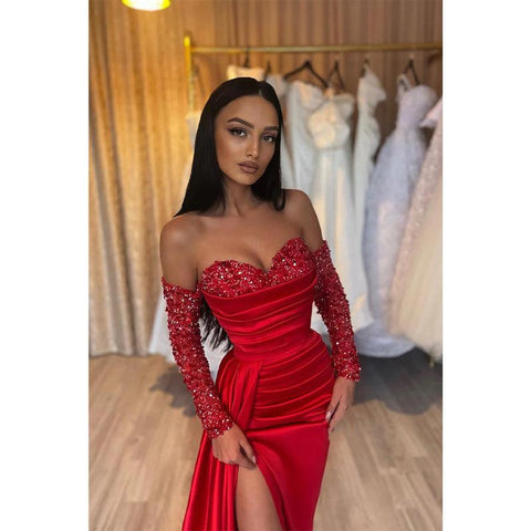 Vestido formal de fiesta largo con mangas largas y lentejuelas y escote en forma de corazón