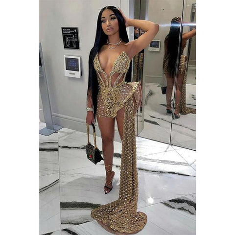 Vestido de fiesta largo con escote en V y cuentas pesadas para chicas negras 