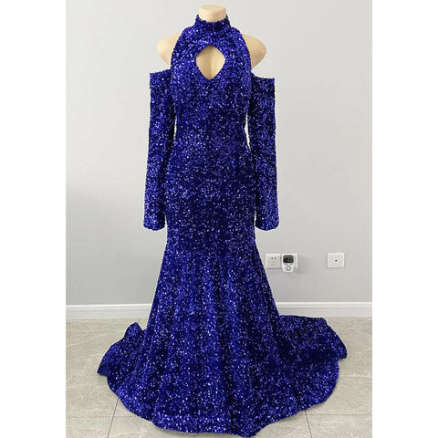 Robe de bal noire unique à col haut et manches longues, paillettes scintillantes, pour un look stylé 