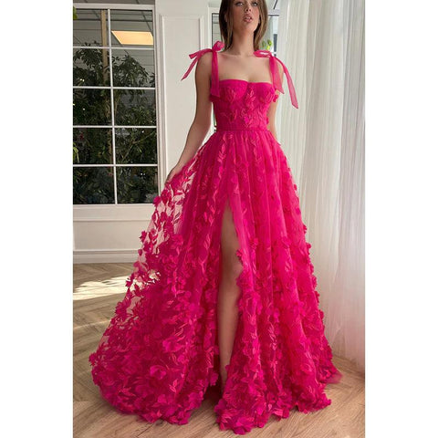 Vestido de noche largo de fiesta de tul con apliques de encaje y escote cuadrado en forma de A con abertura