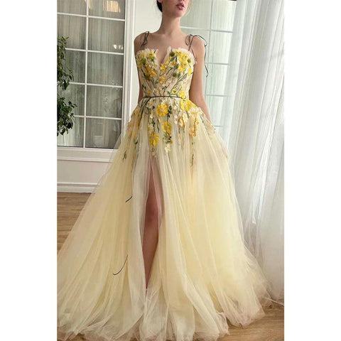 Vestido de noche de fiesta de graduación con tirantes finos, corte en A, de tul, con apliques florales y abertura lateral 