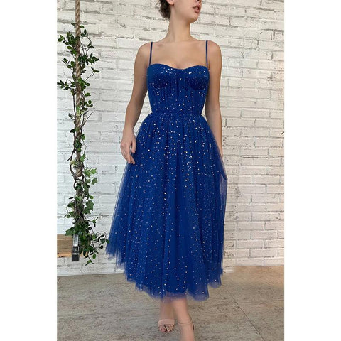 Vestido de fiesta de tul brillante con tirantes finos y estrellas, con bolsillos 