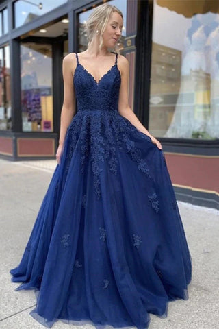 Blue Appliques Long Prom Dress Evening Dress