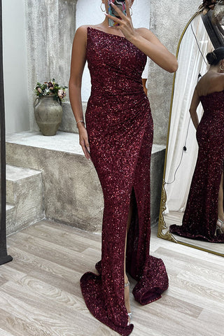 Robe de soirée sexy, élégante, unie, fendue, asymétrique, col oblique 