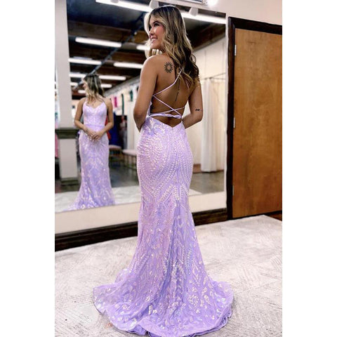 Vestido de fiesta de noche con lentejuelas, escote en V y tirantes cruzados en morado brillante