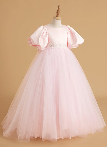 A-line Satin Tulle Short Sleeves Flower Girl Dress