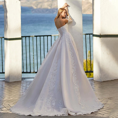 Word Wedding Dresses Women's Elegant Bohemian Beaded Sweetheart Princess Off Shoulder Long Sleeve Lace Applique Bride Gowns