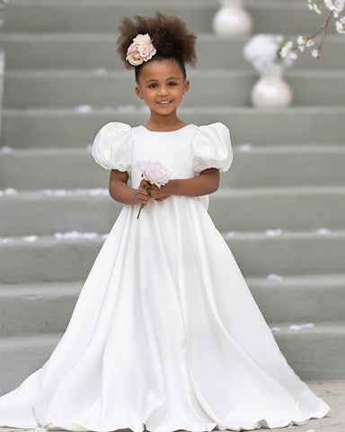 Puff Sleeve Bow Button Back Sweep Train Flower Girl Dress