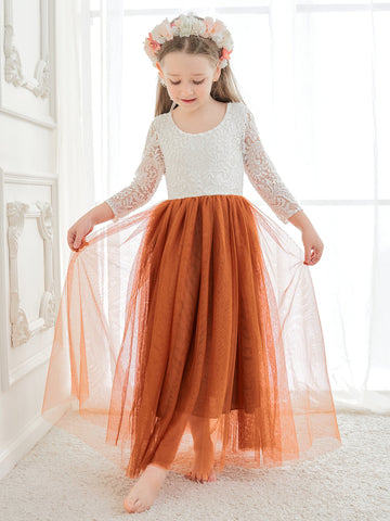 Angelic White Lace A-Line Long Sleeve Tulle Flower Girl Dress