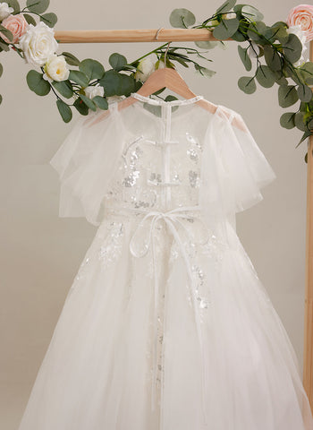 A-line Tulle Sweep Train Ivory First Communion Flower Girl Dress