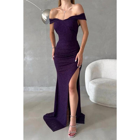 Vestido largo de fiesta formal con escote en V y hombros descubiertos, abertura lateral y brillo 