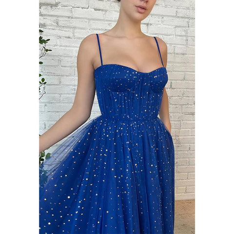 Vestido de fiesta de tul brillante con tirantes finos y estrellas, con bolsillos 