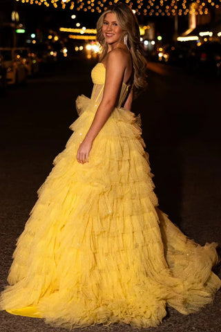 Golden Tulle Princess Strapless Tiered Long Prom Dress with Slit
