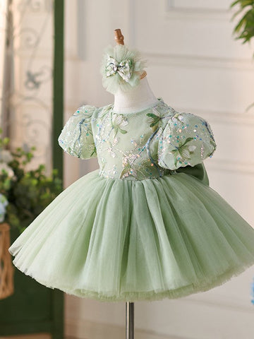 Sequins Tulle Knee-length Green 1st Birthday Party Baby Girl Dress