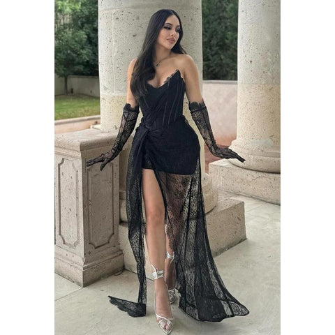 Vestido de fiesta de noche sin mangas con escote en V y apliques de encaje bordado sexy y atractivo