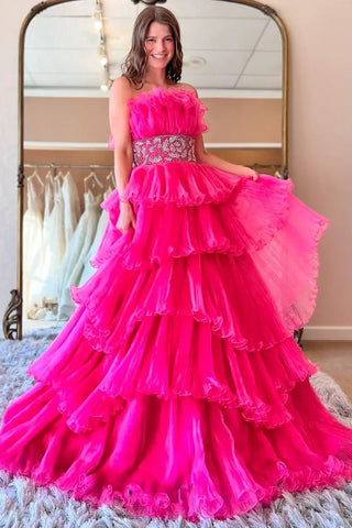 Trendy A Line Strapless Blue Tired Long Prom Dress with Beading