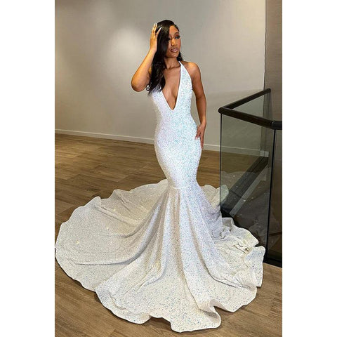 Vestido formal de noche de graduación con escote en V, sin mangas, espalda descubierta y lentejuelas, corte trompeta/sirena