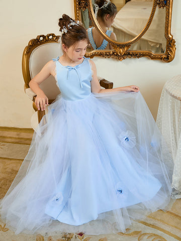 Ball-Gown/Princess Tulle Sweep Train Blue Flower Girl Dress