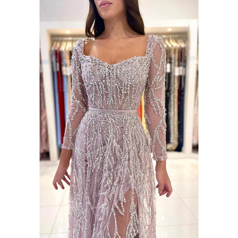 Robe de bal de fin d'année élégante, à manches longues, style sirène scintillante et spectaculaire, avec plumes