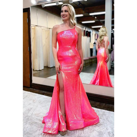 Robe de bal unique à une épaule, paillettes scintillantes et fente 