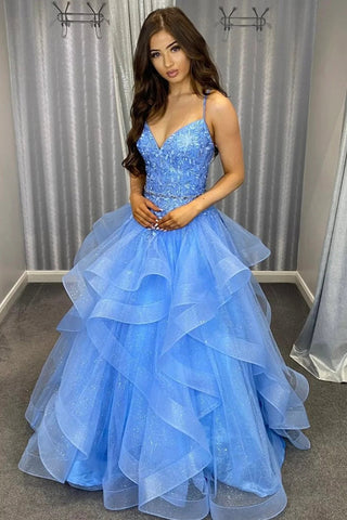 A Line Spaghetti Straps Blue Long Prom Dress with Appliques