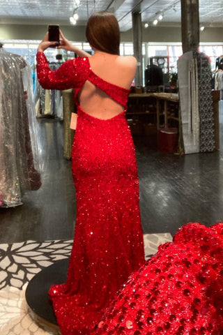 Robe de bal longue sirène à une épaule, sequins rouges, avec fente