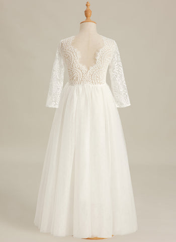 Angelic White Lace A-Line Long Sleeve Tulle Flower Girl Dress