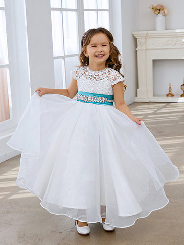 A-line Lace Organza Ankle-length Ivory Flower Girl Dress