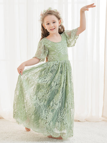 A-line Lace Ankle-length Ivory Boho Flower Girl Dress