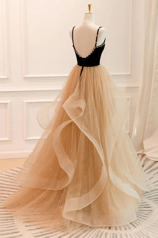 A Line Spaghetti Straps Champagne Long Prom Dress with Beading